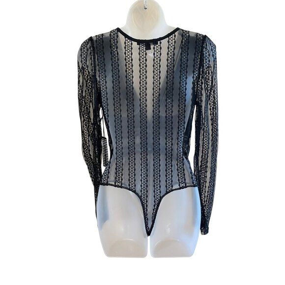 Black Lace Long Sleeve Deep V-Neck Bodysuit By Haute Monde With Sheer Mesh Desig - Picture 5 of 6